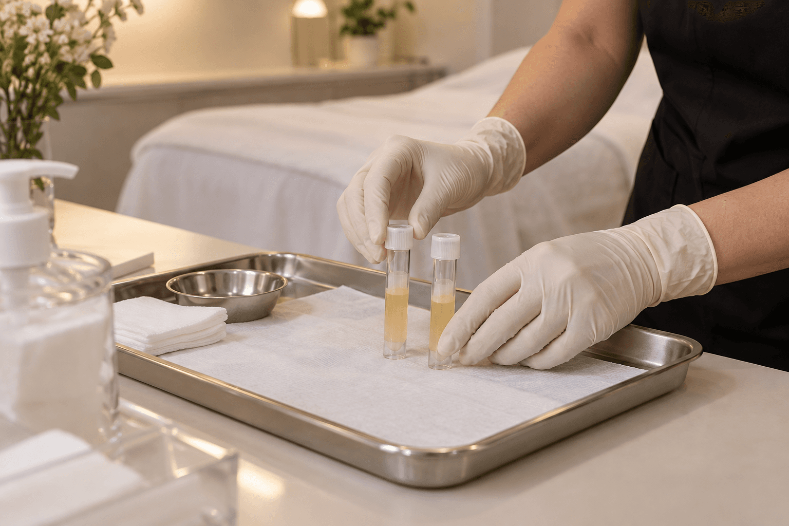 Gloved hands arrange two sealed pale-liquid preparation tubes on a clean tray.