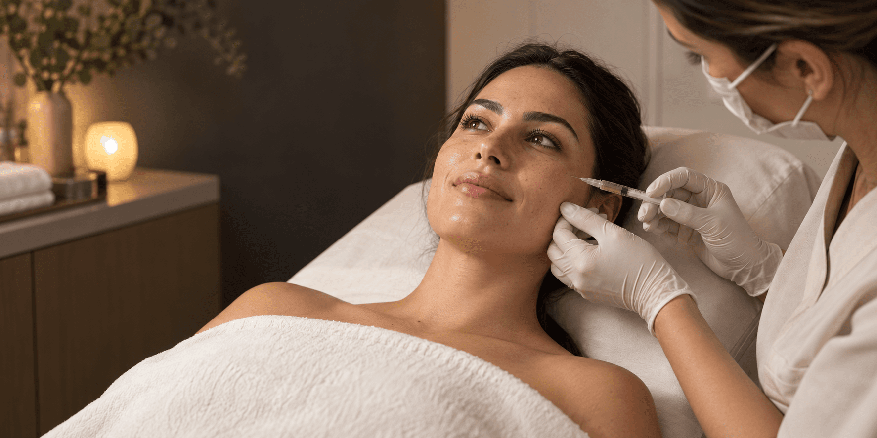 A gloved practitioner holds a small syringe beside a reclining woman's cheek.