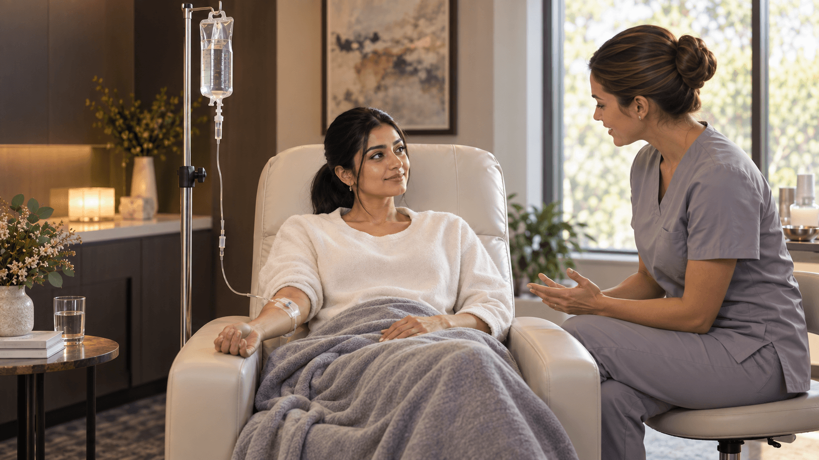 A seated adult with a dressed IV line speaks with a professional beside a clear infusion bag.