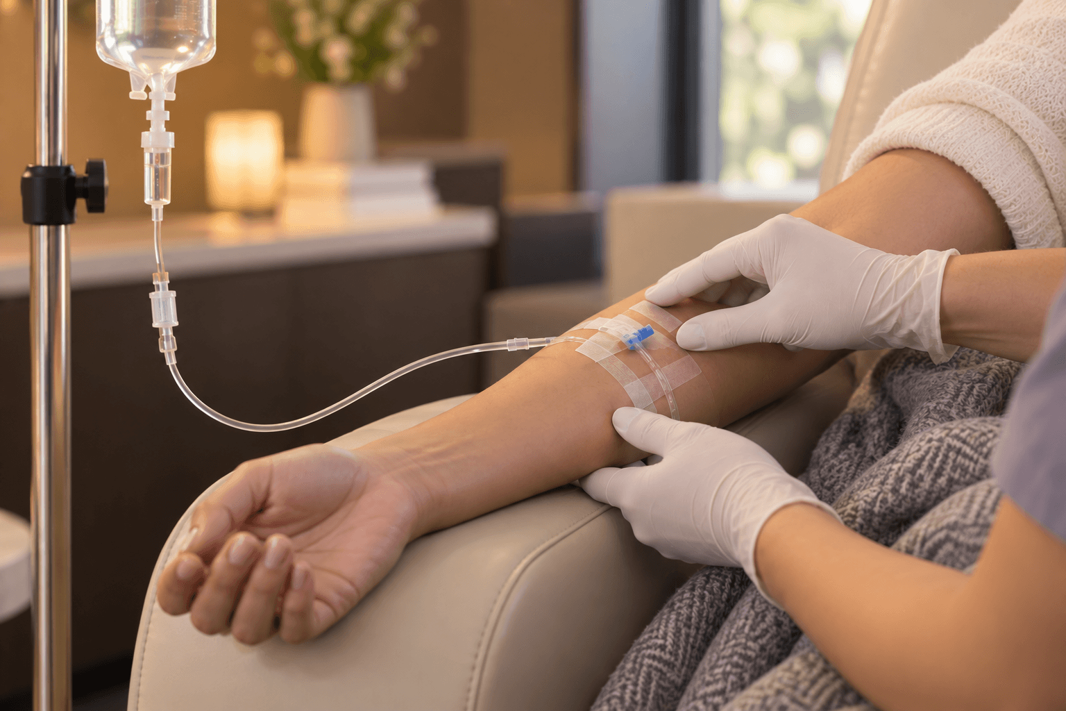 A clear IV line runs to a dressed forearm while gloved hands attend to the secured connection.