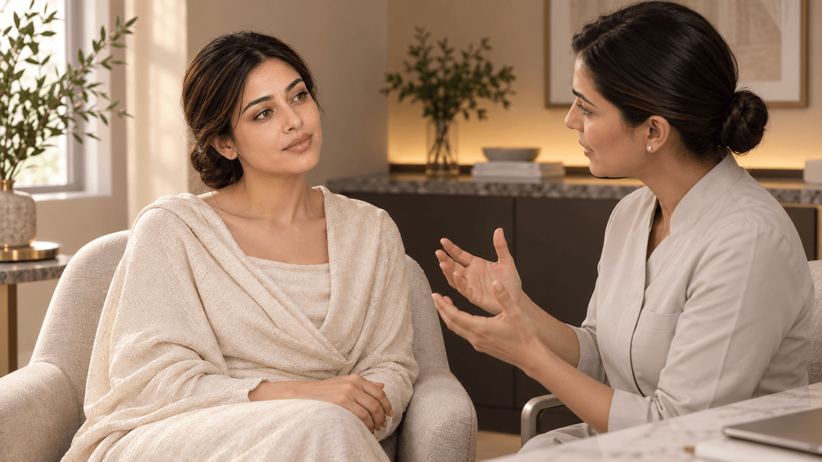 Two adults discuss facial skin priorities in a warm professional room.