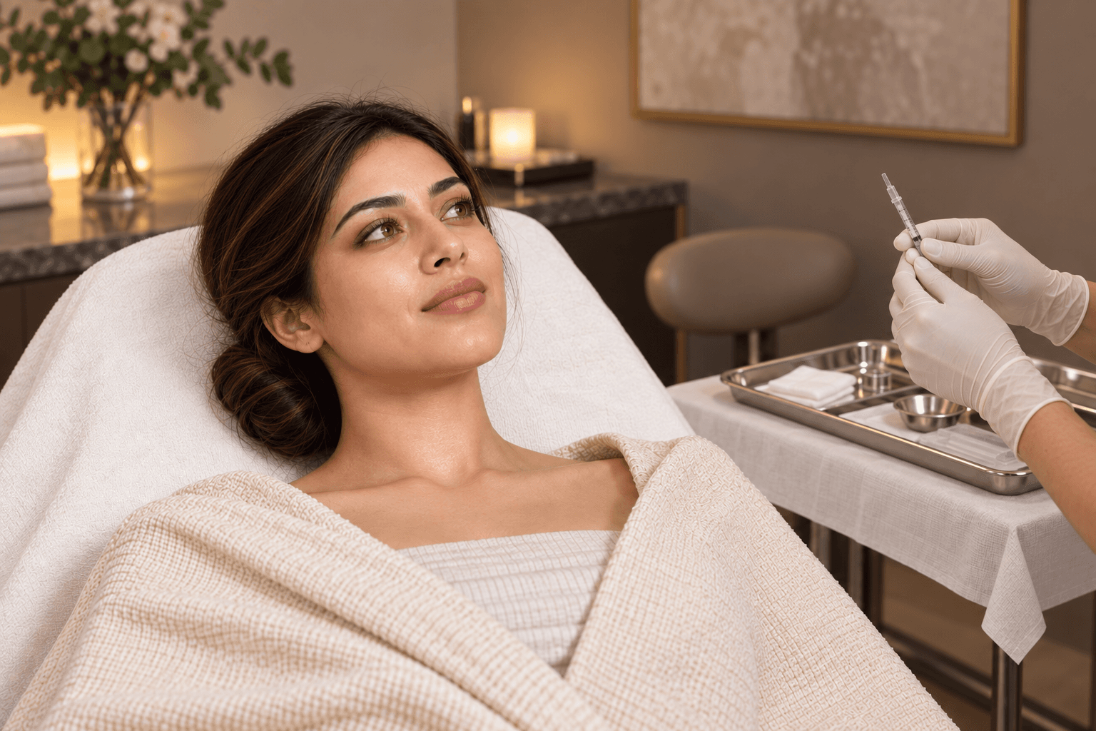An adult with natural facial skin reclines while gloved hands prepare a small syringe beside a clean tray.