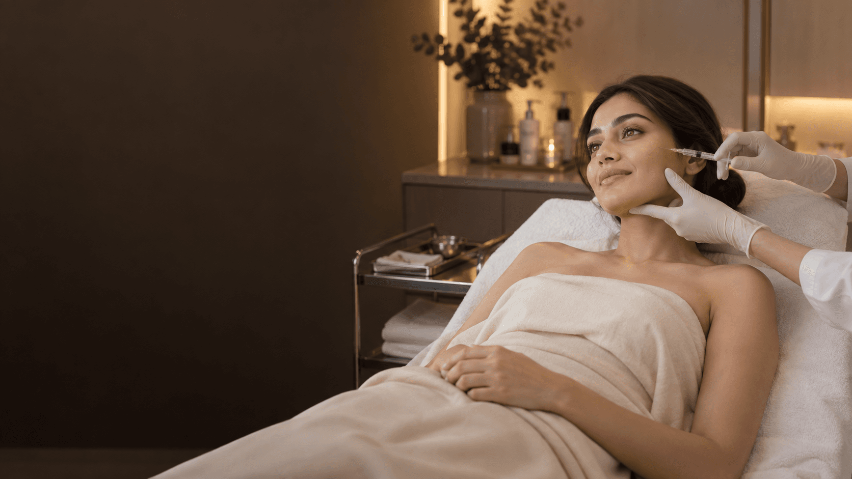 A gloved practitioner holds a small syringe beside a reclining woman's cheek.