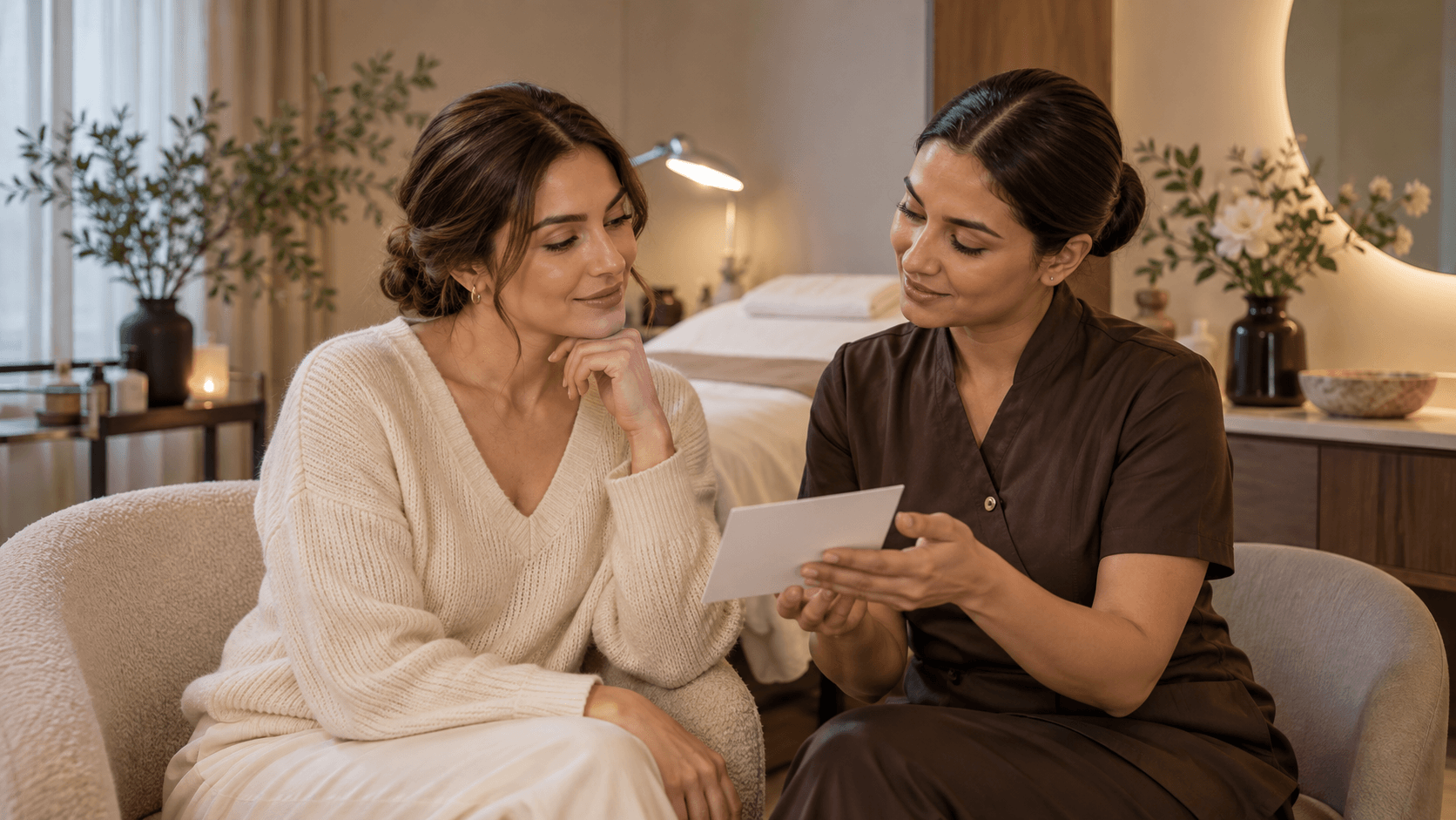 A woman and a practitioner review a blank card together in a professional facial room.