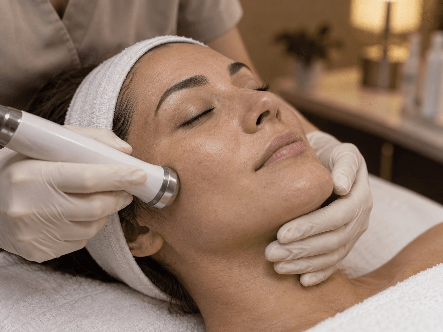 Gloved hands support an adult woman's jaw while an unbranded facial handpiece touches her cheek.