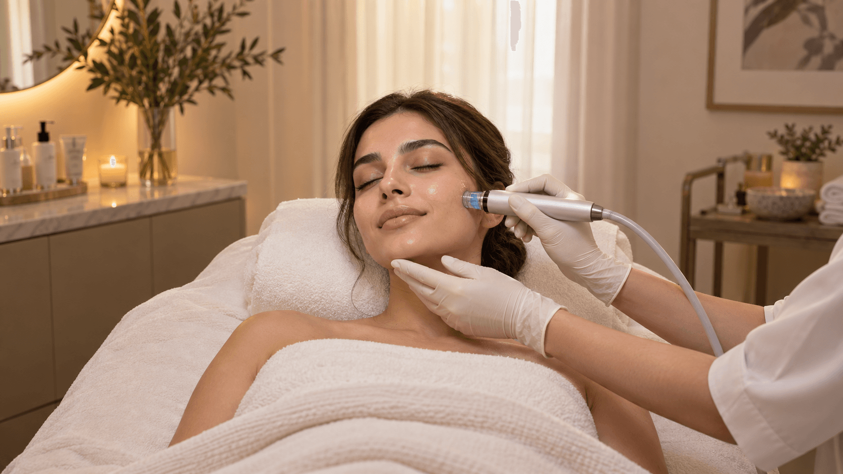 A gloved practitioner guides a facial handpiece along a reclining woman's cheek.