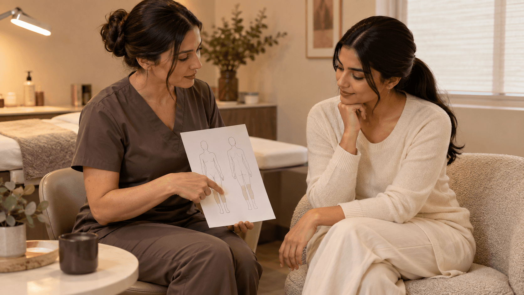 A woman and a practitioner look together at an unbranded body-area diagram in a professional room.
