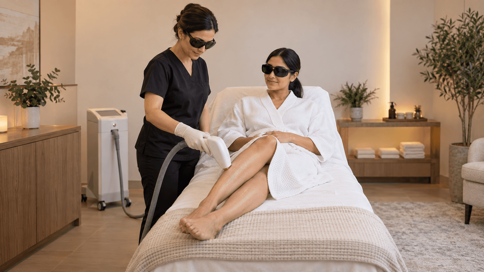 A practitioner uses a laser handpiece on a woman's lower leg while both wear protective eyewear.